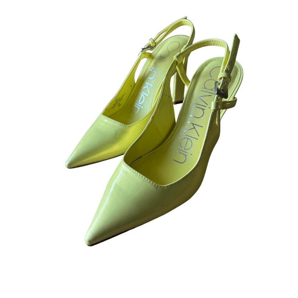 Calvin Klein Yellow Patent Leather Slingback Heels 6M Pointed Toe